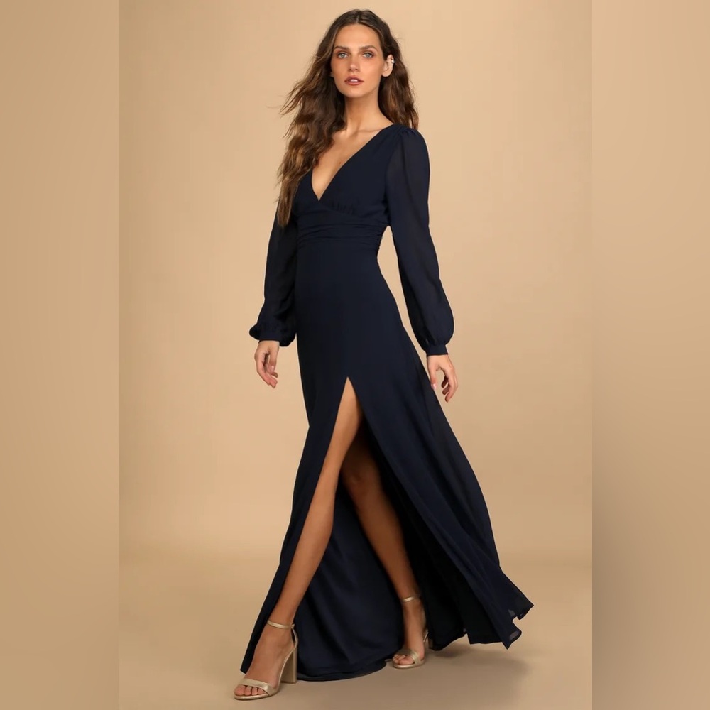 LULUS Love you so Navy Long Dress with Slit